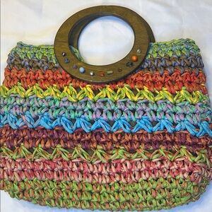 Vibrant Boho Multicolor Woven Tote with Wooden Handle